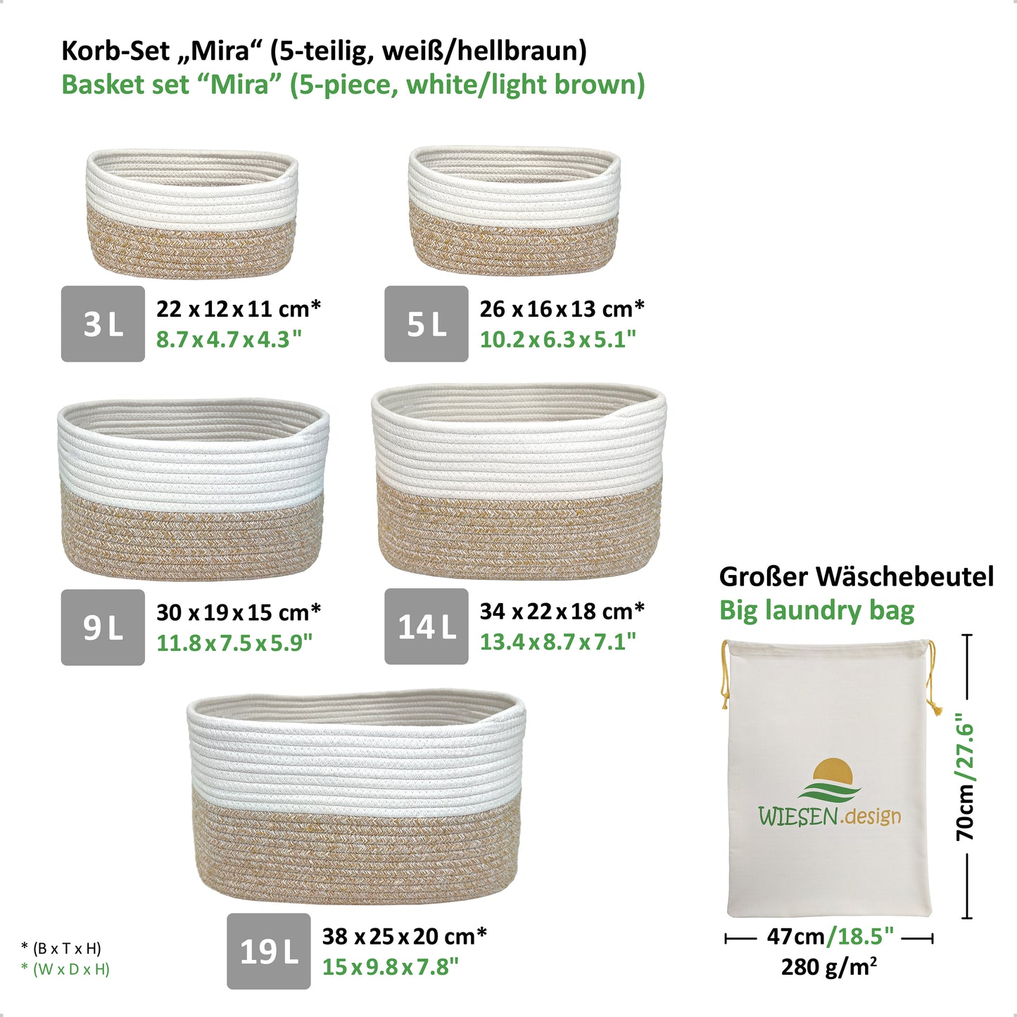 XXXL Korb Set MIRA (5 Körbe - gesamt 50L) Hellbraun/Weiß