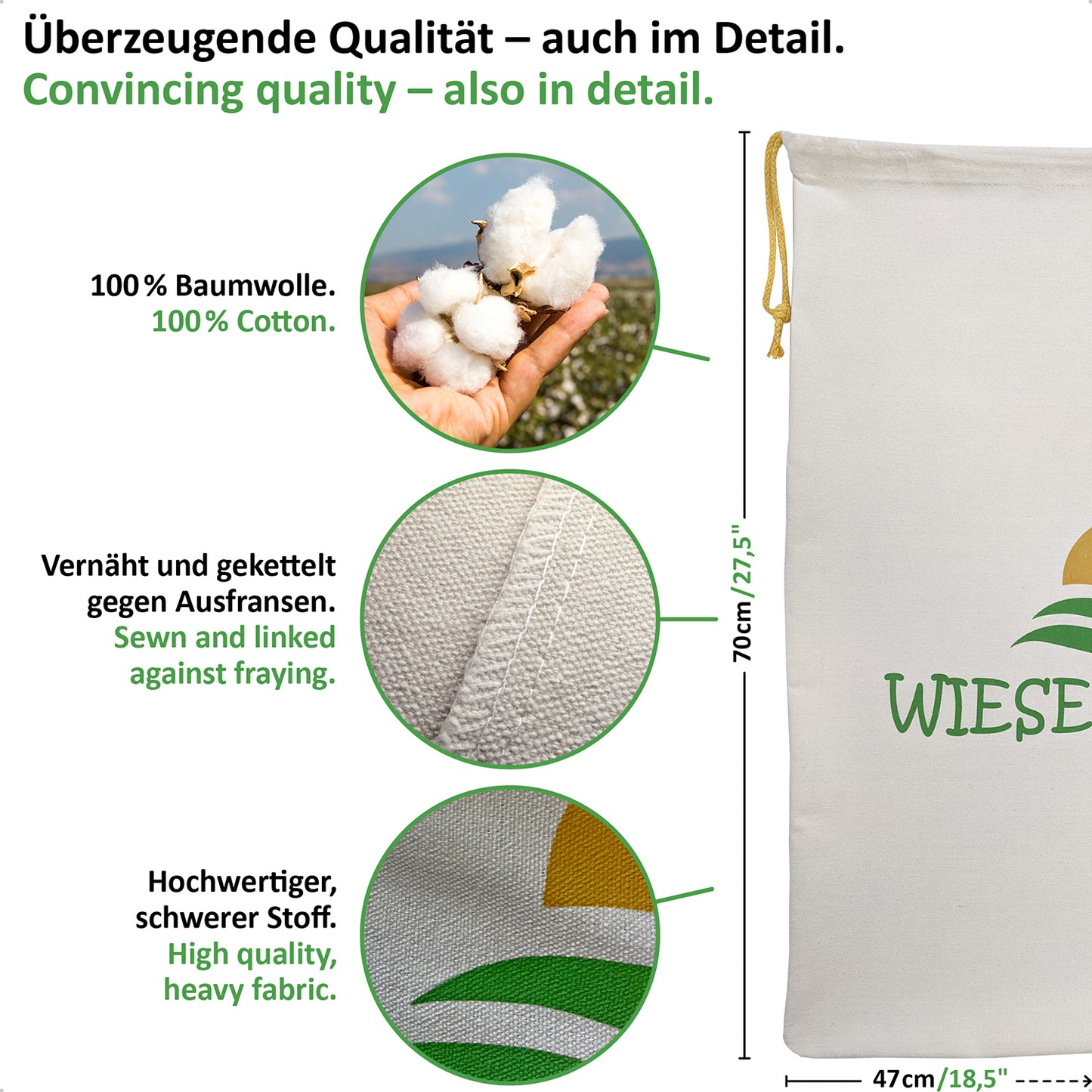 Wäschesack, 2er-Set, B47xH70cm, einzigartig in 280 g/m² schwerer Baumwolle